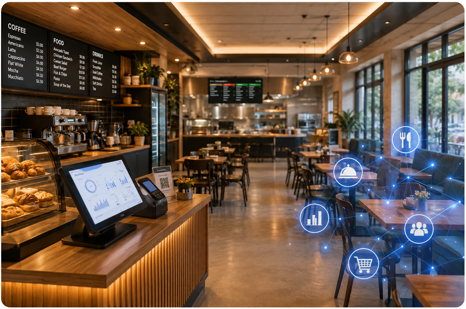 Modern restaurant and cafe with connected POS technology
